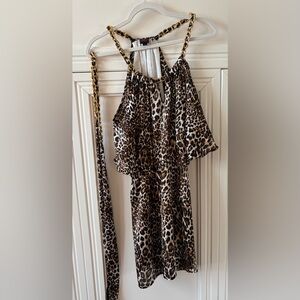 🔴 2B BEBE LEOPARD ANIMAL PRINT MINI DRESS WITH GOLD CHAIN SHOULDERS & BELT 🔴